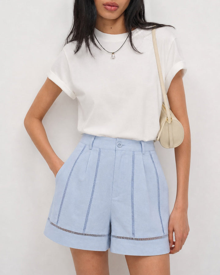 Blue Button Cut Out Zipper Shorts
