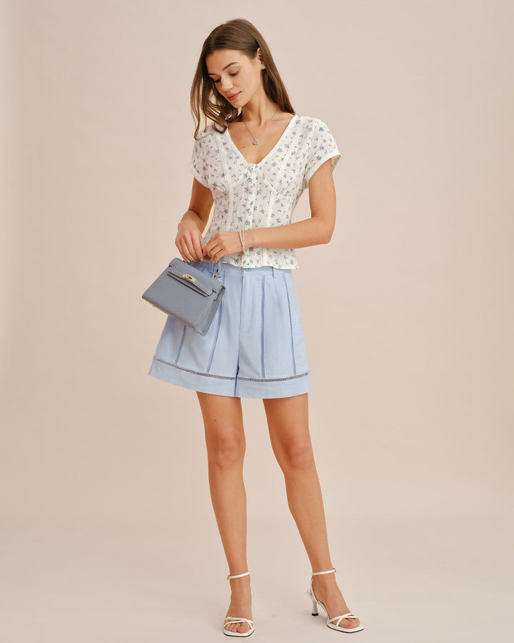 Blue Button Cut Out Zipper Shorts