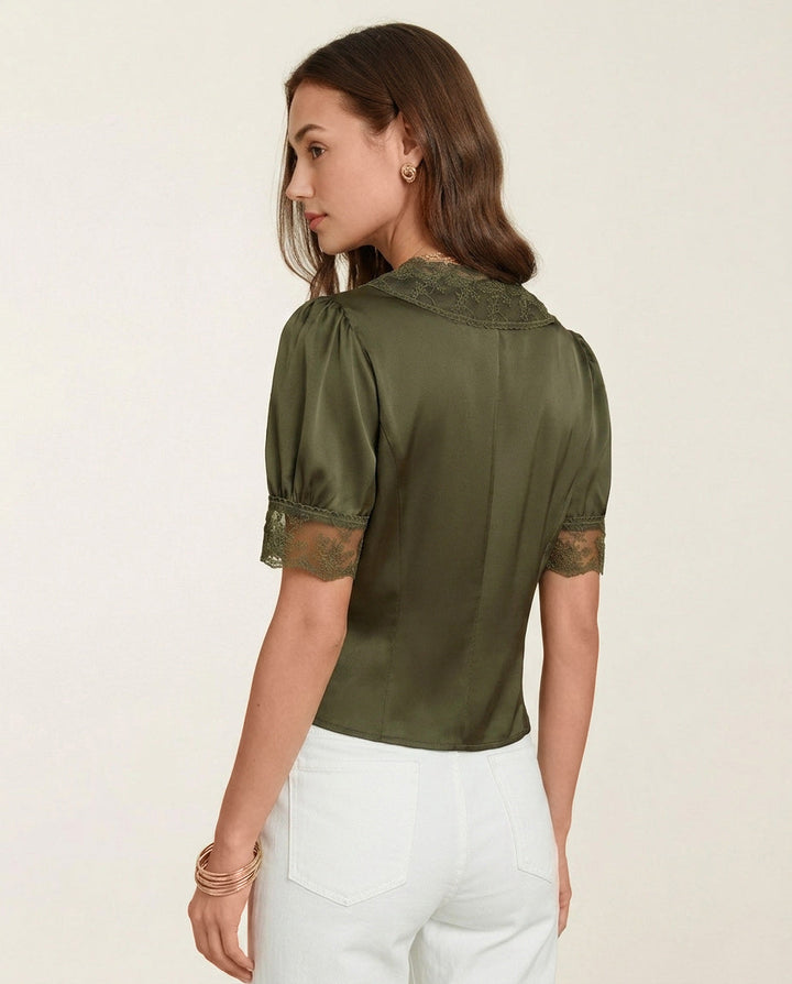 Green V Neck Puffed Sleeve Lace Blouse