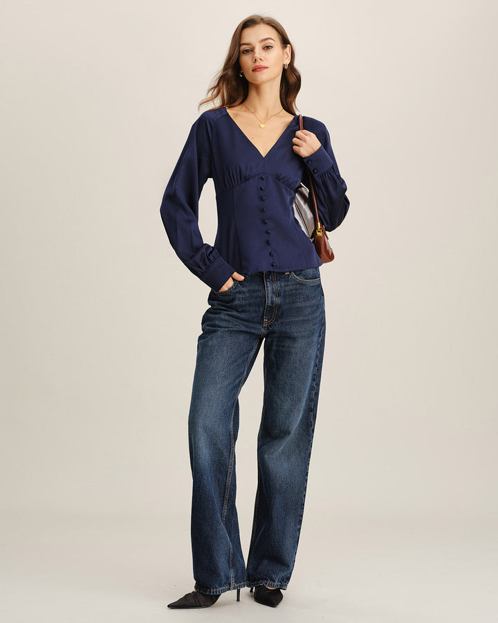 Navy Satin V Neck Ruched Blouse