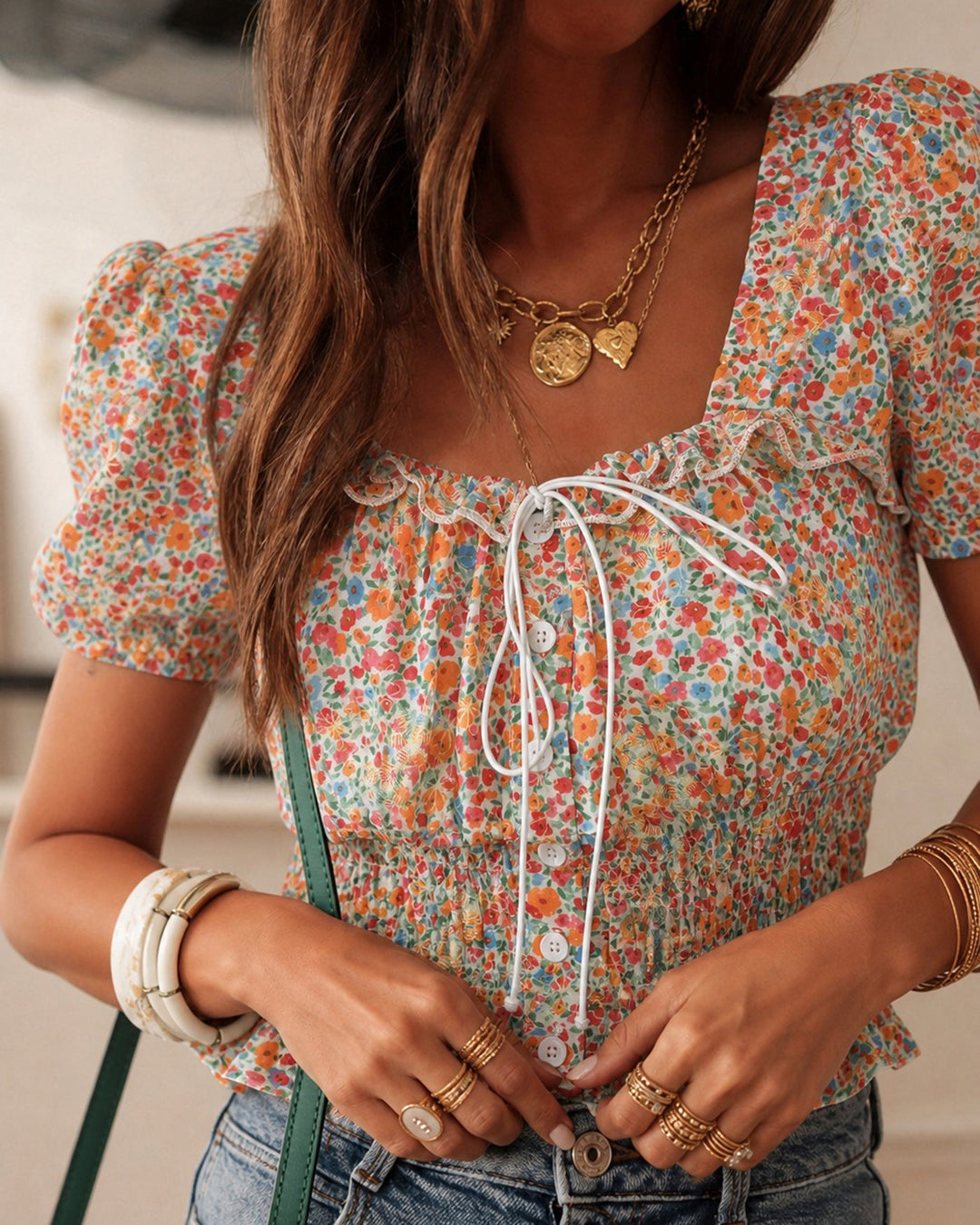 Floral Square Neck Puffed Sleeve Blouse
