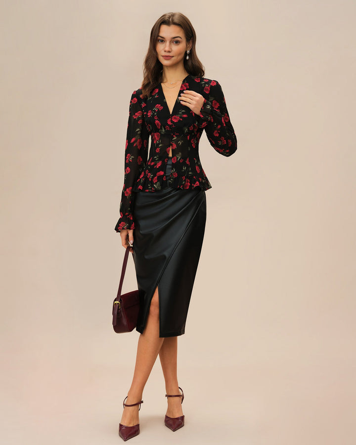 Black Floral V Neck Blouse