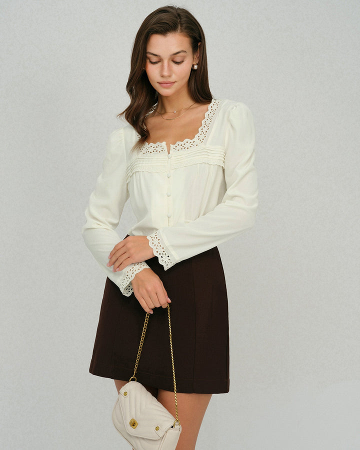 Beige Square Neck Lace Blouse
