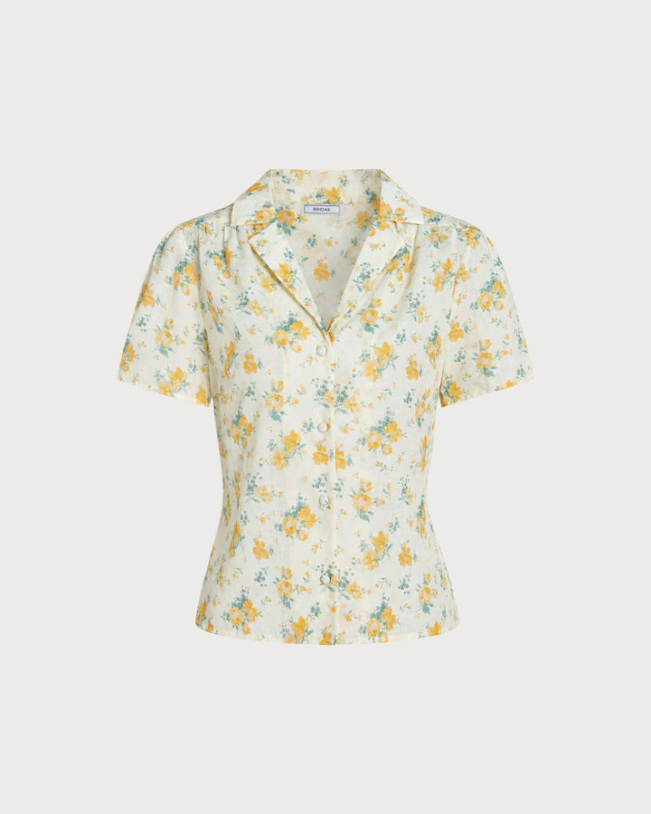 Yellow Collar Puffed Sleeve Floral Blouse
