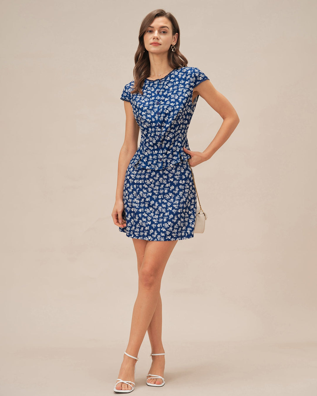 Blue Floral Cap Sleeve Button Blouse
