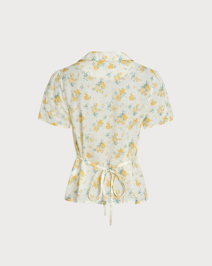 Yellow Collar Puffed Sleeve Floral Blouse
