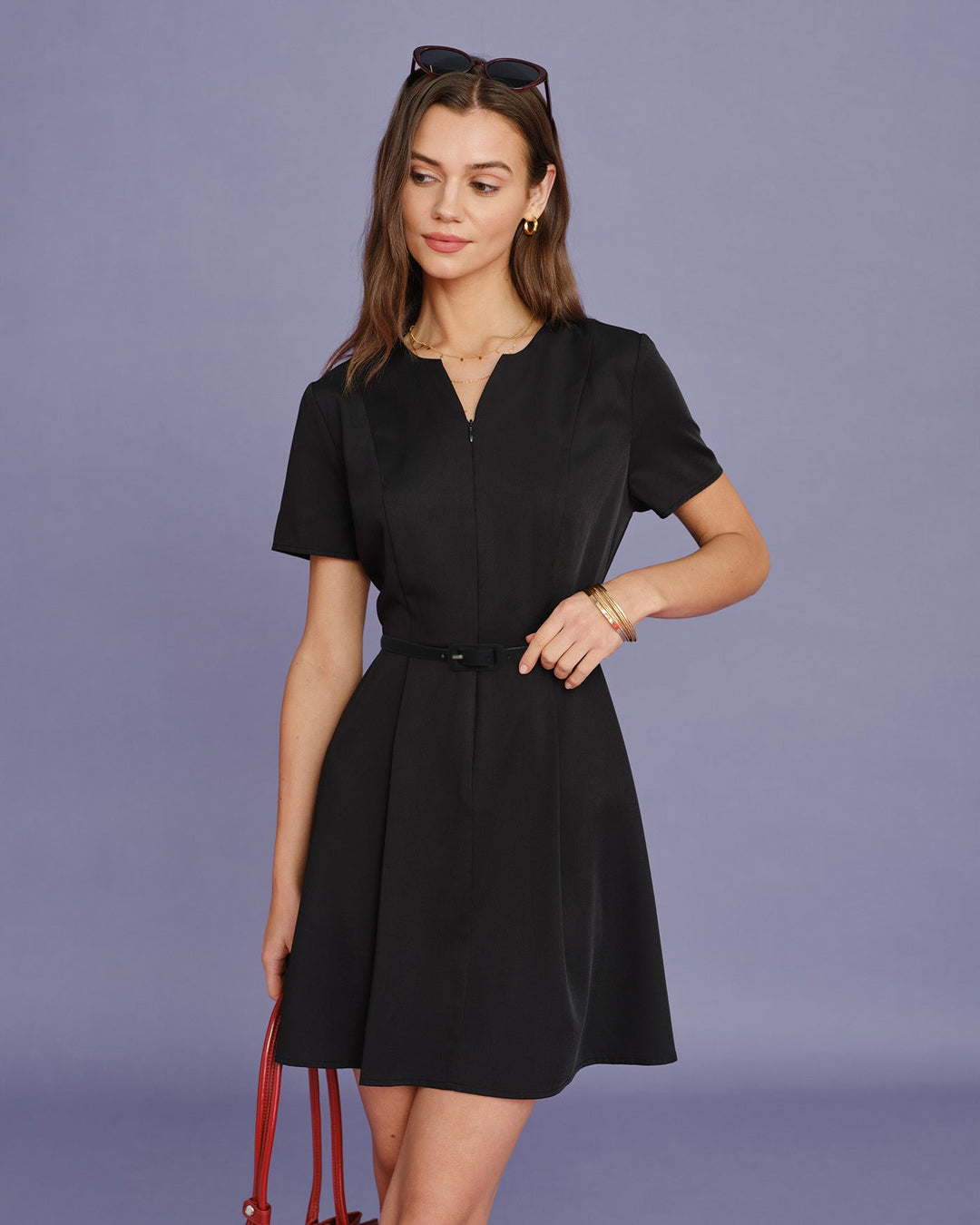 Black Belt Ruched Mini Dress