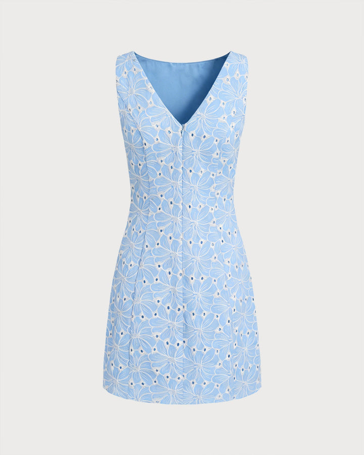Blue Embroidery Sleeveless Mini Dress
