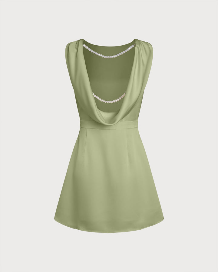 Green Boat Neck Pearl Satin Mini Dress