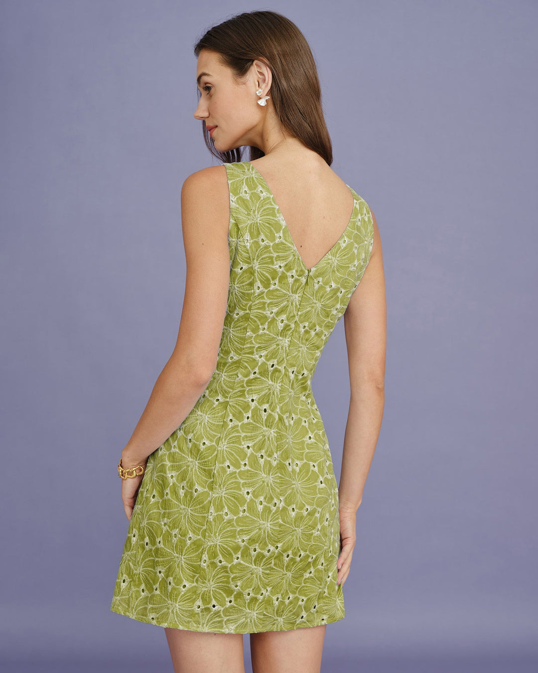 Green Boat Neck Embroidery Mini Dress