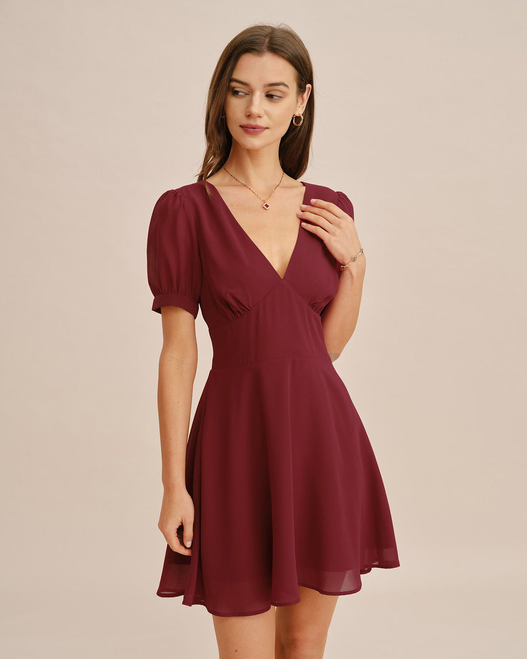 Red V Neck Puffed Sleeve Mini Dress