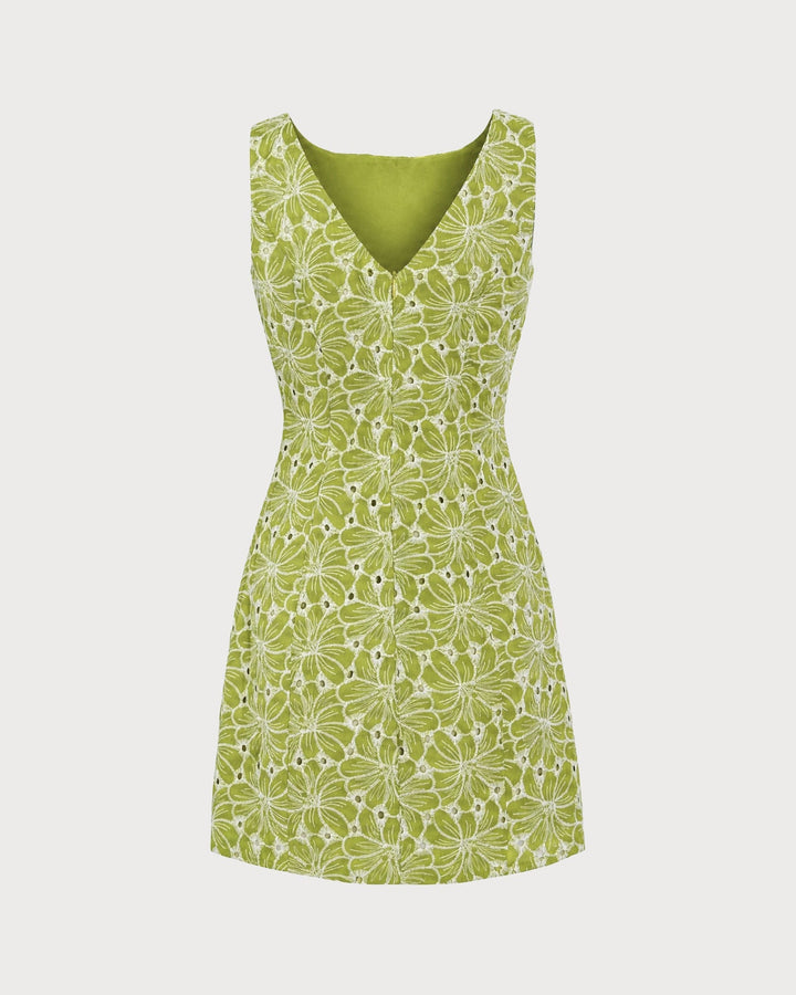Green Boat Neck Embroidery Mini Dress