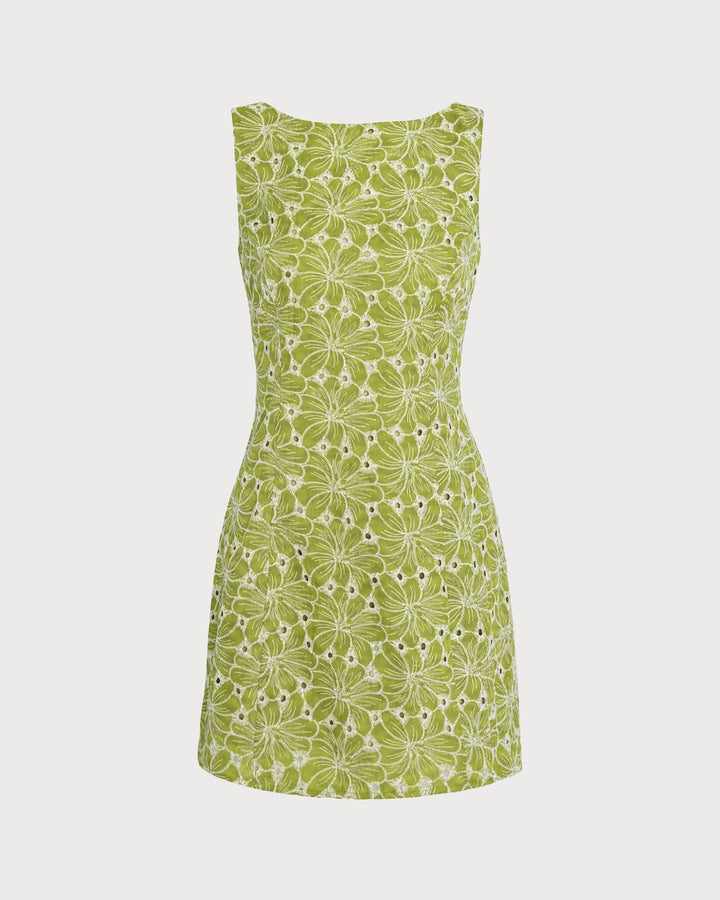 Green Boat Neck Embroidery Mini Dress
