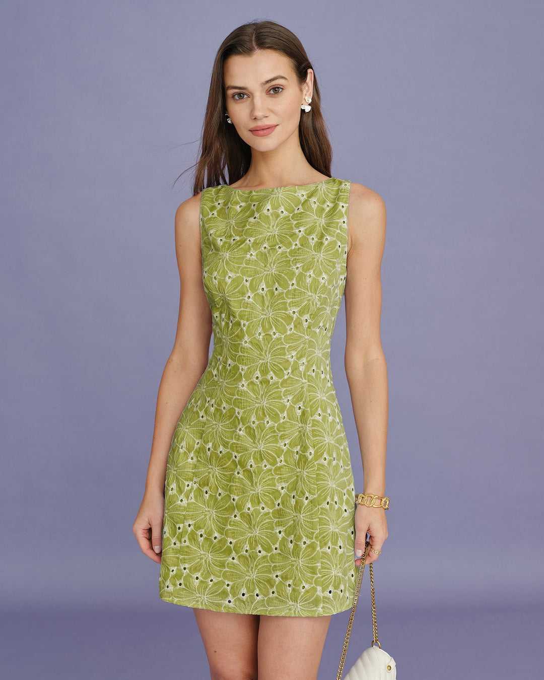 Green Boat Neck Embroidery Mini Dress