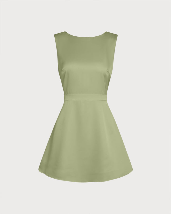 Green Boat Neck Pearl Satin Mini Dress