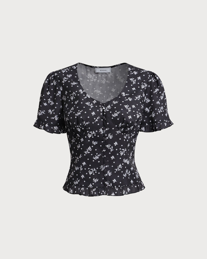 Black Floral Scoop Neck Blouse