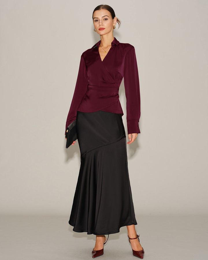 Wine Red Satin V Neck Tie Shirt