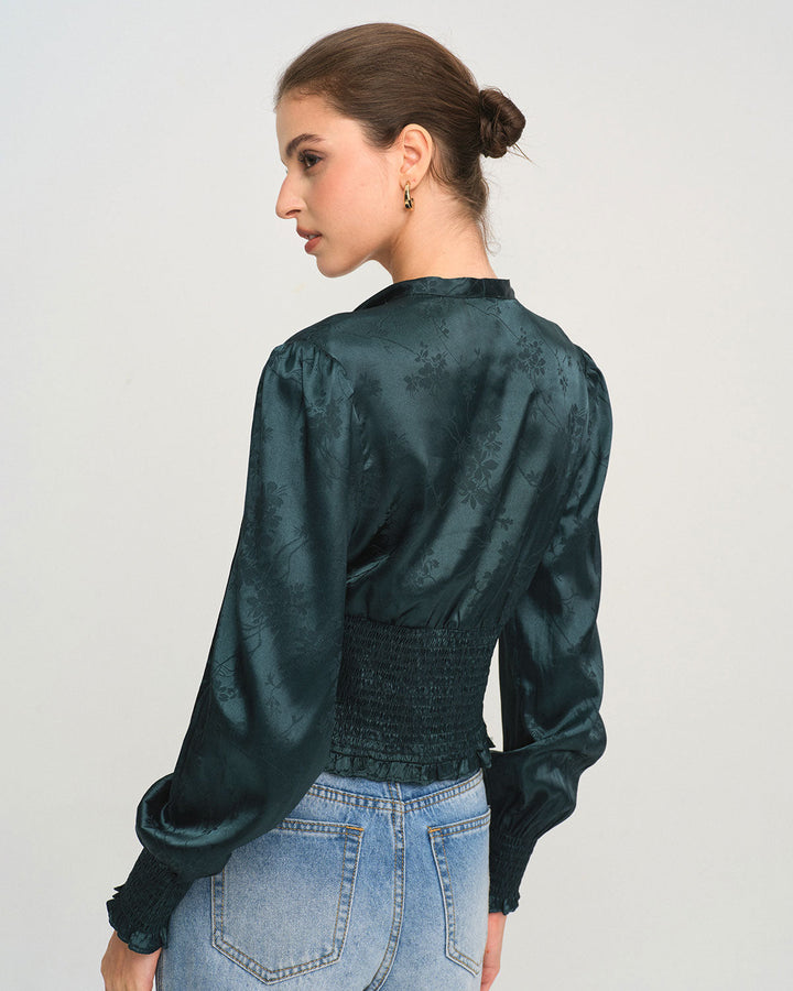 Green Jacquard Tie Neck Blouse