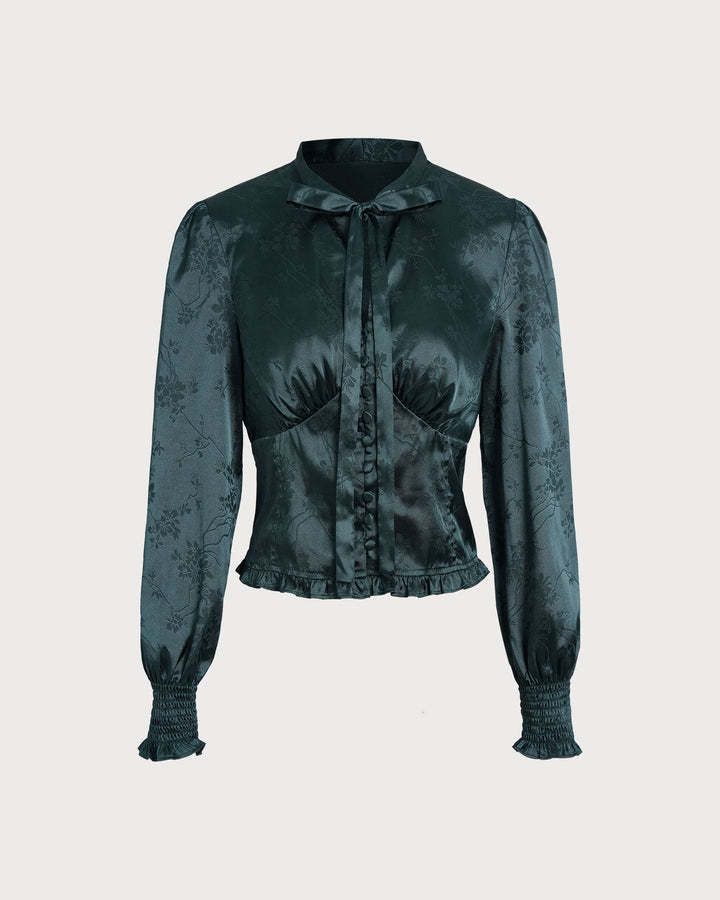 Green Jacquard Tie Neck Blouse