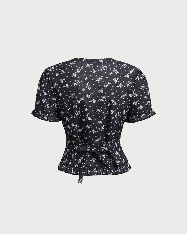 Black Floral Scoop Neck Blouse