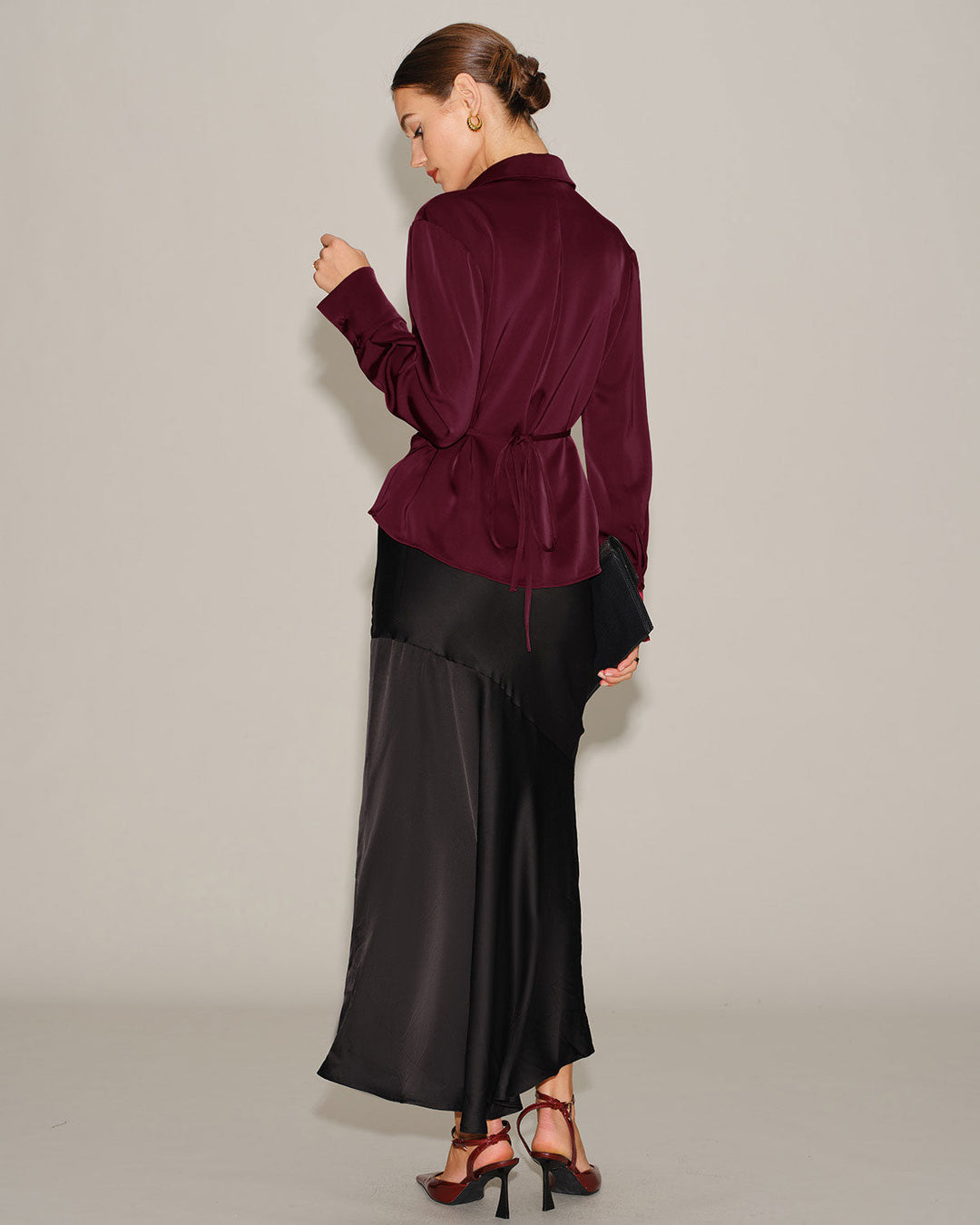 Wine Red Satin V Neck Tie Shirt
