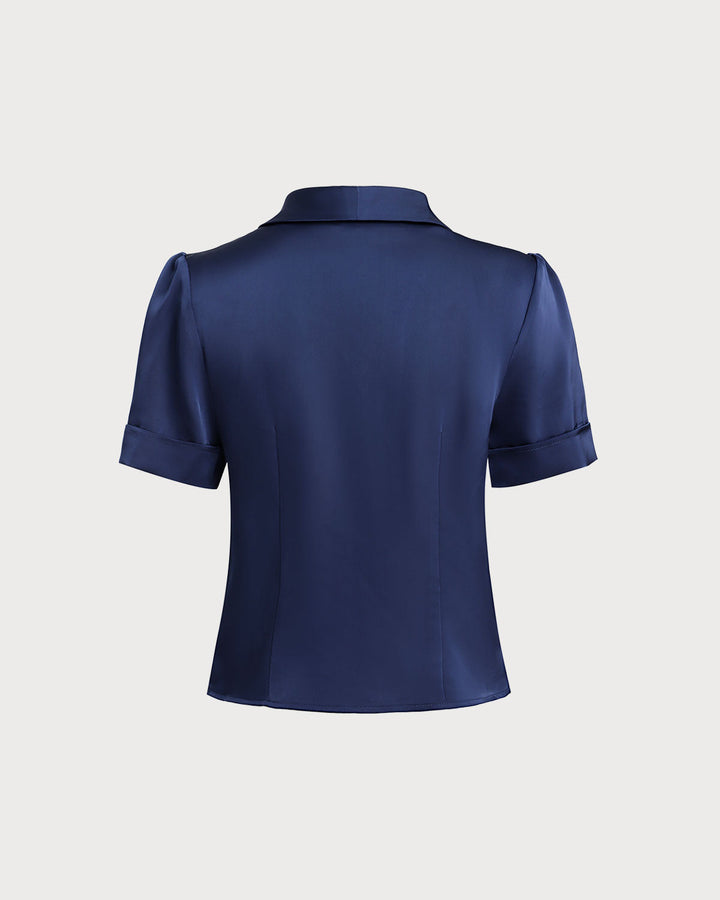 Navy Satin Button Blouse