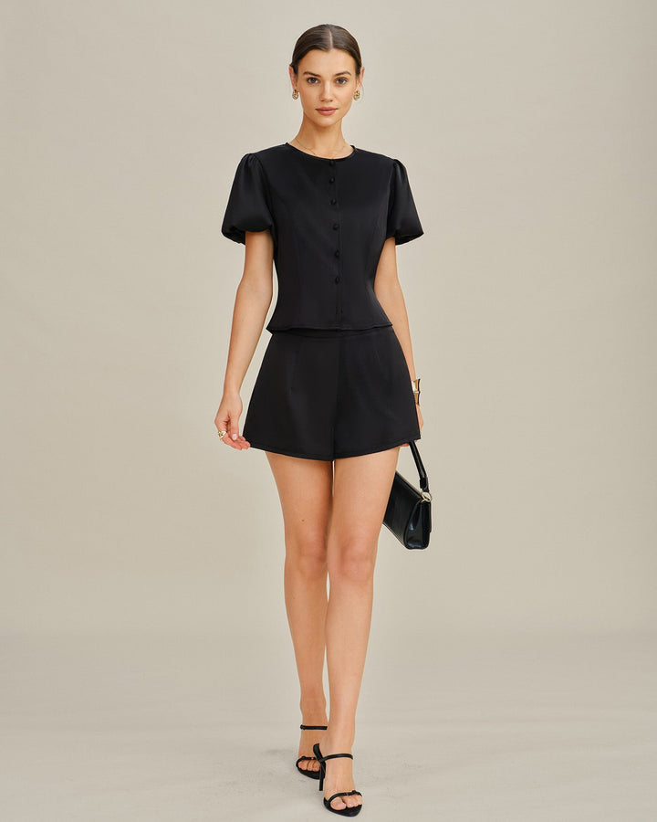 Black Natural Waisted Satin Shorts