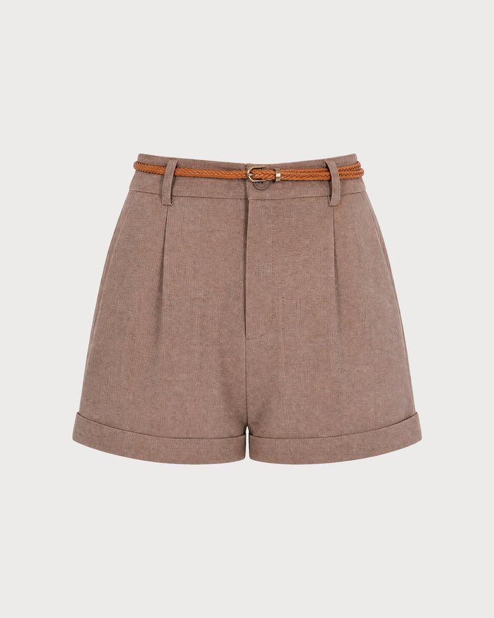 Brown Button Belt Pockets Shorts