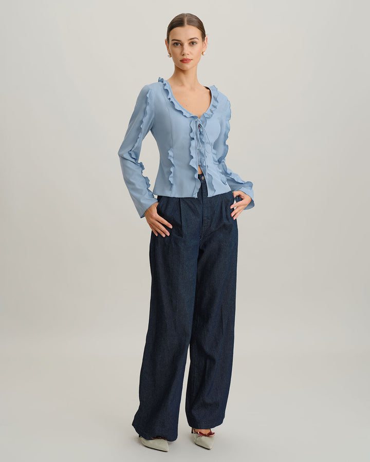 Blue Ruffle V Neck Button Blouse