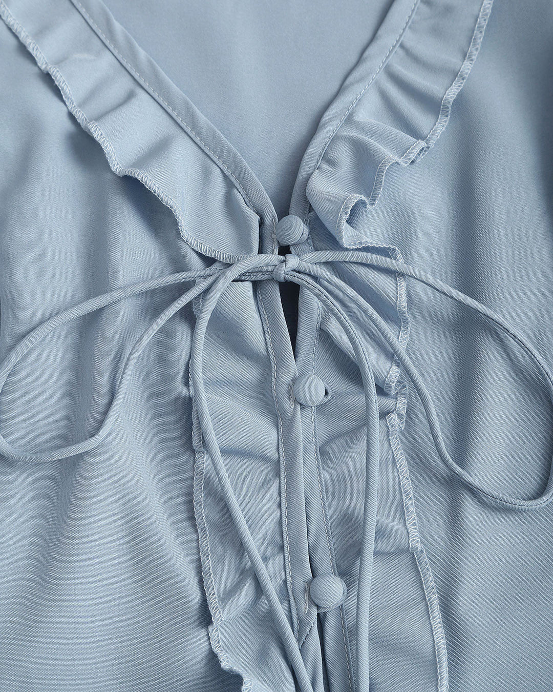 Blue Ruffle V Neck Button Blouse