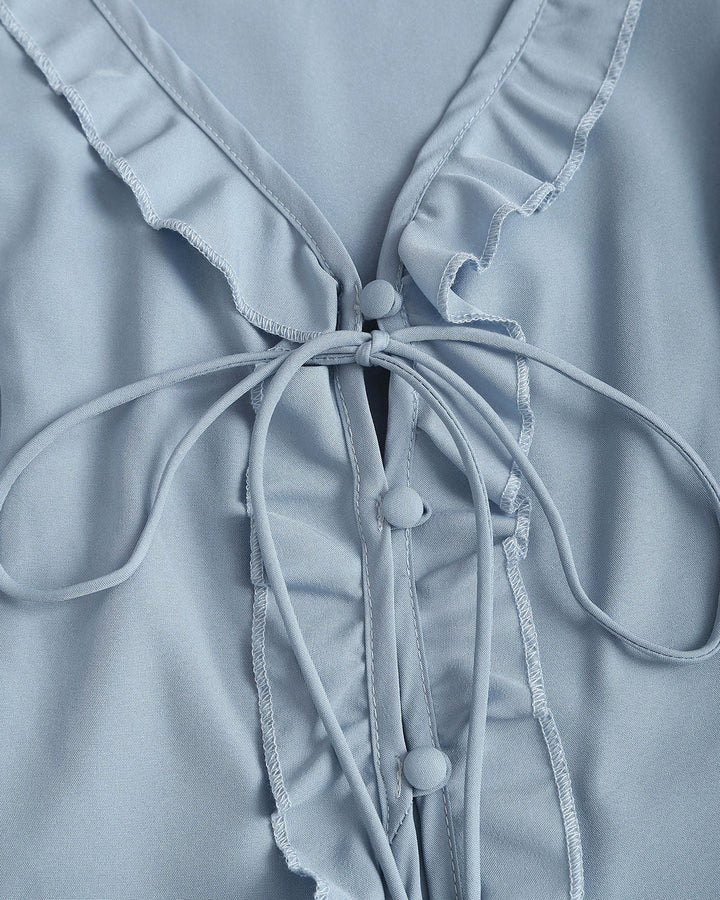 Blue Ruffle V Neck Button Blouse