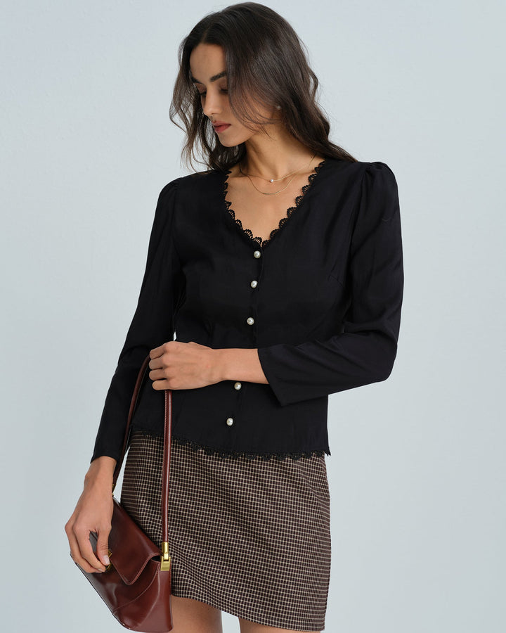 Black V Neck Lace Blouse